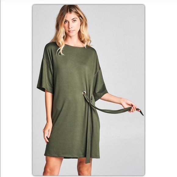 Olive Green Waist Tie Dress - Picture 2 of 4